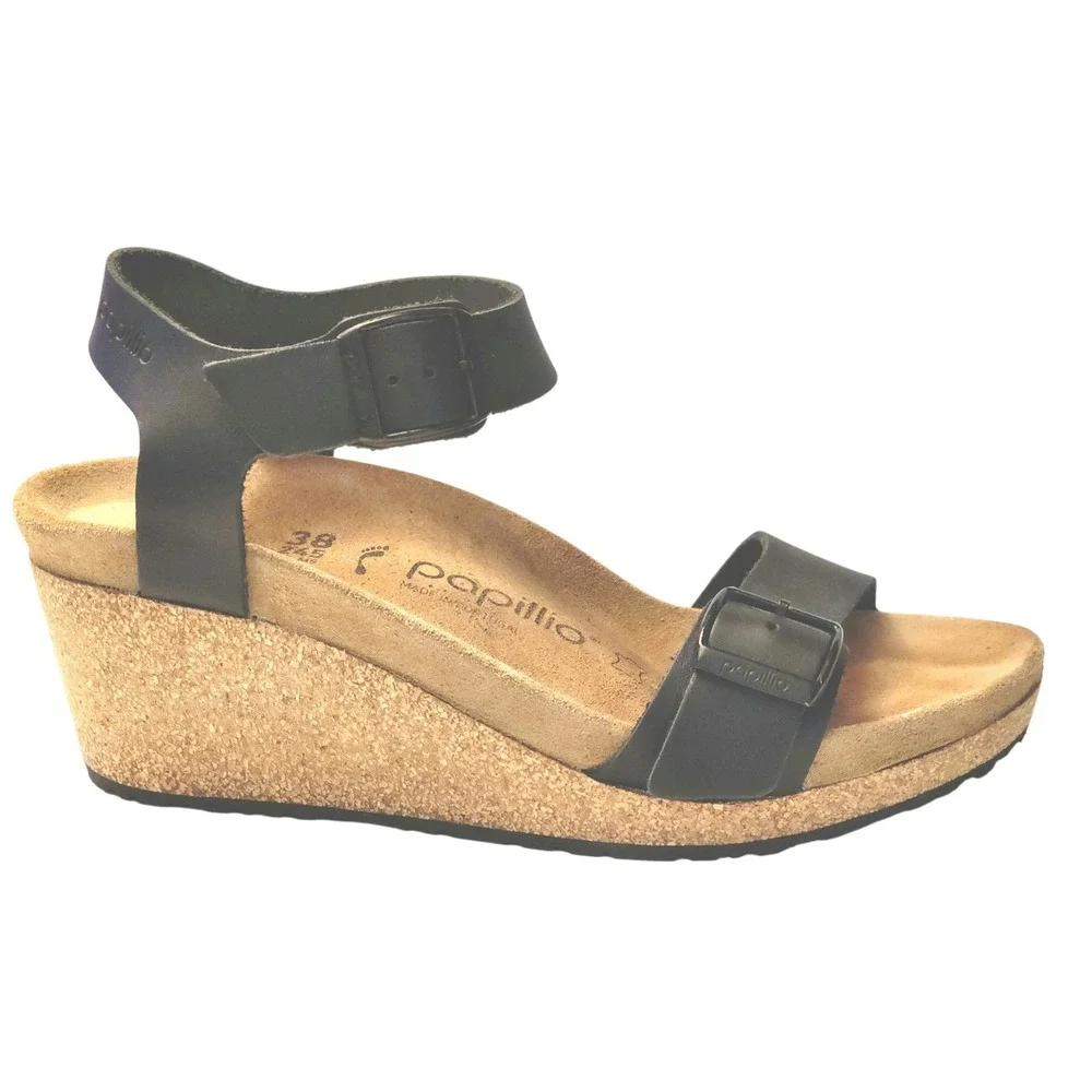 Papillio by Birkenstock Soley Black Leather Cork Slingback Wedge Sandals 38 7